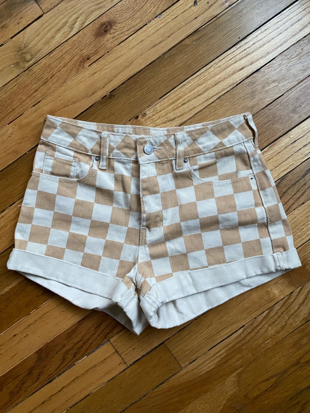 PacSun Beige & Cream Checkered Denim Shorts
